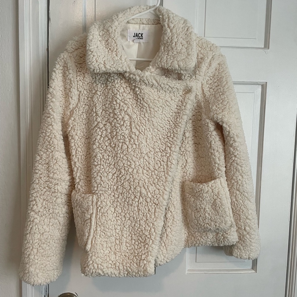 Jack by bb Dakota asymmetrical close faux shearling teddy jacket ivory. Size M